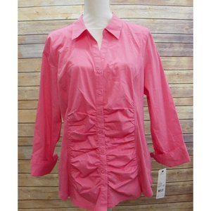 NY Collection Women's XL Top 3/4 Sleeve Button Up Shirt with Knit Sides Pink XL